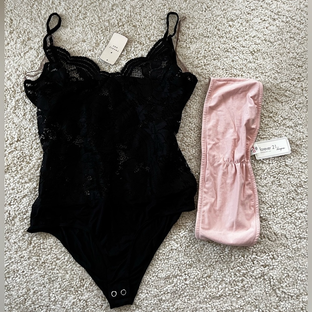 New forever 21 lace bodysuit lingerie bandeau bundle pink black floral f21 large